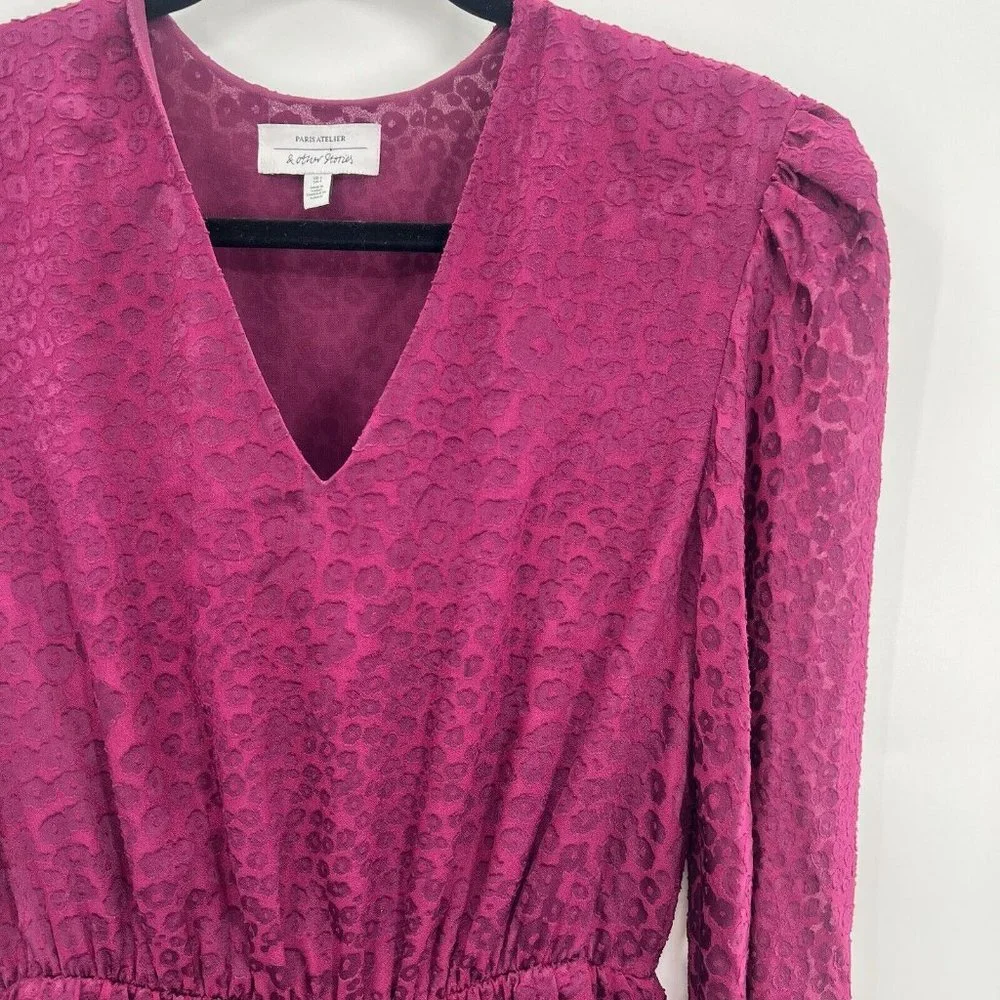 & Other Stories Gathered Waist Leopard Jacquard Mini Dress Vneck Burgundy 4 - Picture 4 of 7